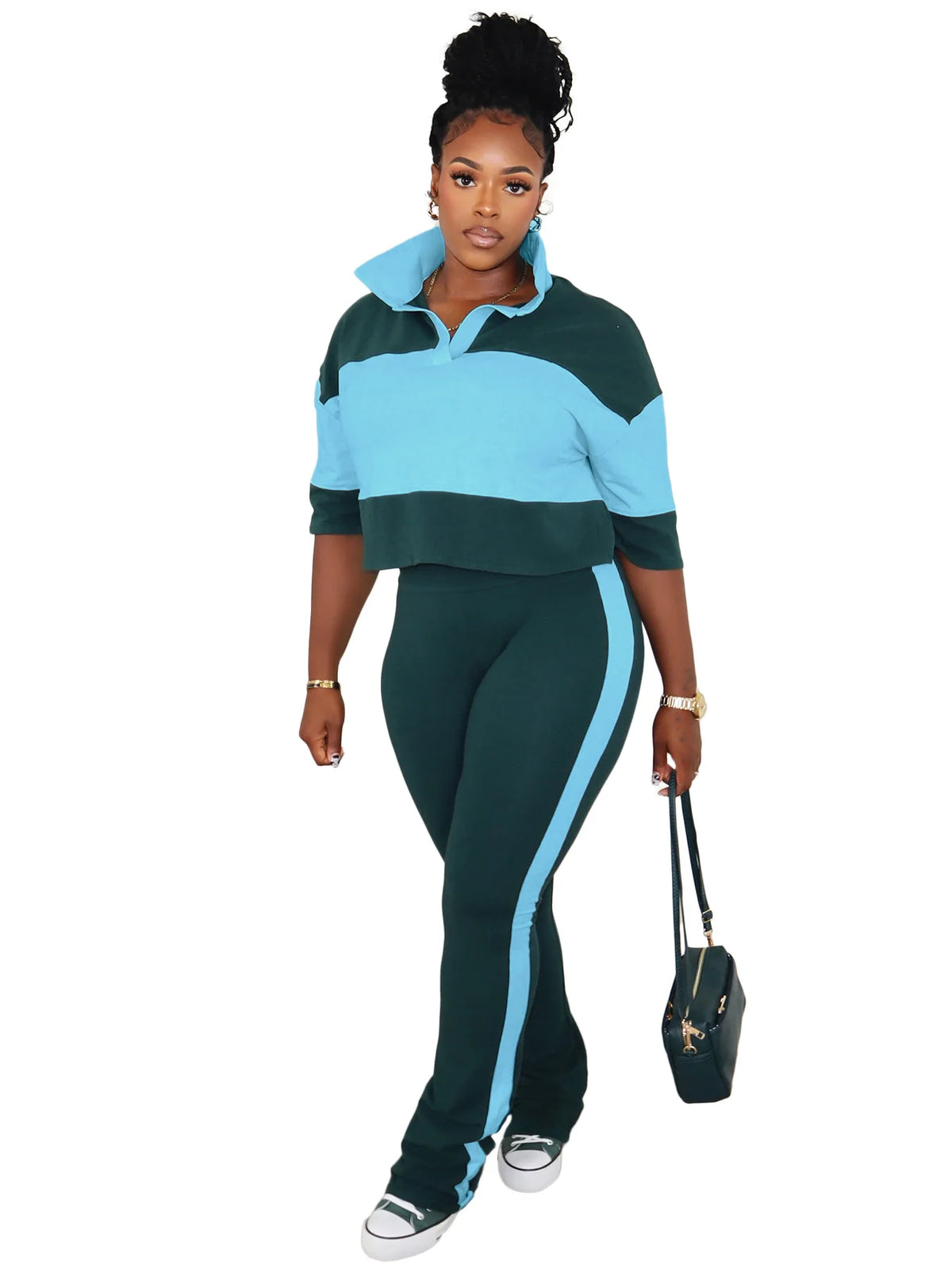 Color Block High Waist Flare Pants Set