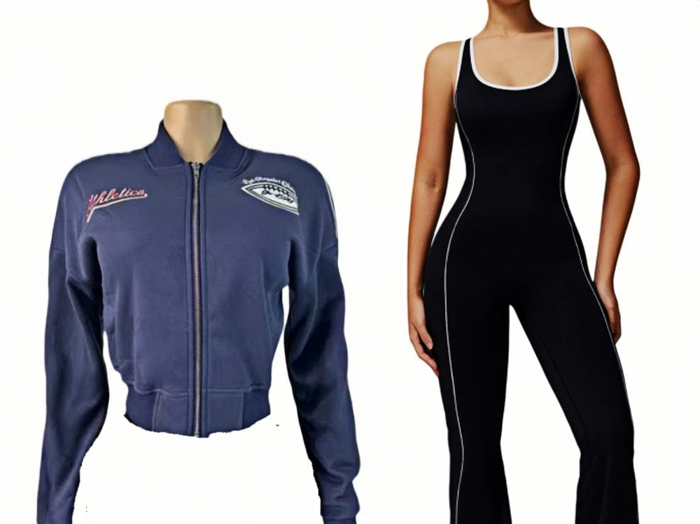 Trendy Letter Jacket and Bodycon Jumpsuit