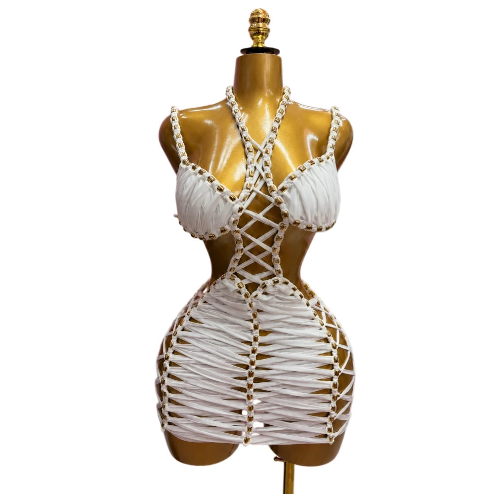 Metal Bead Detail Lace Up Cutout Bodycon Dress