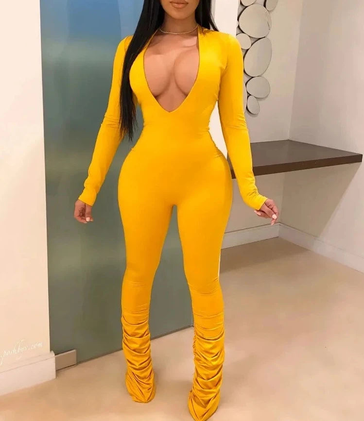 Deep V-Neck Bodycon Ruched Stacked Jumpsuit