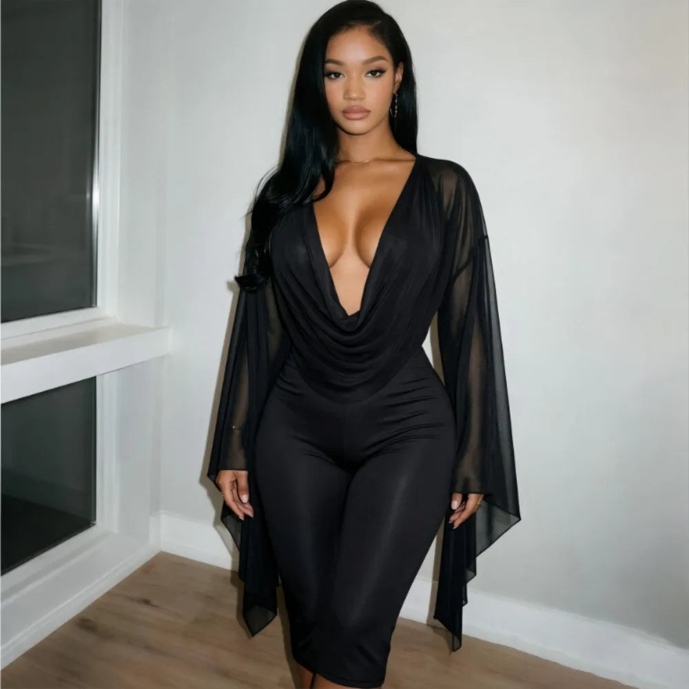 Mesh V-Neck Flare Sleeve Two-piece Set