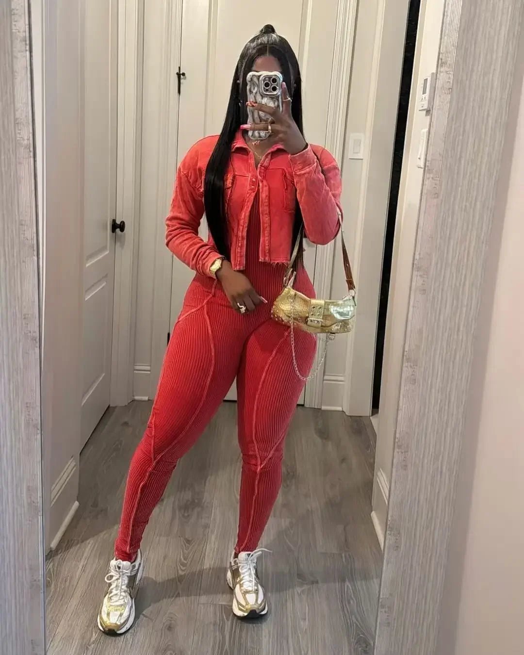Ribbed Long Sleeve Crop Jacket + Bodycon Jumpsuit.