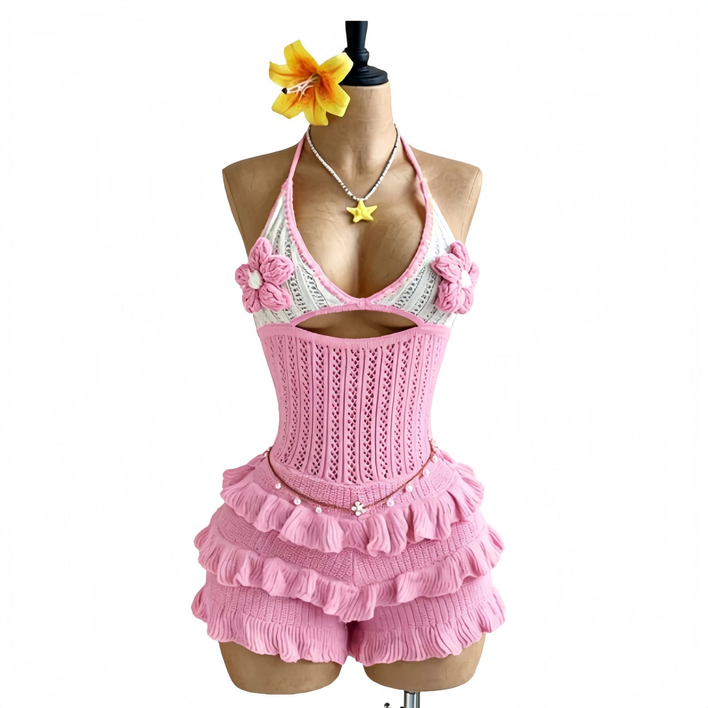 Flower Lace-up Halter Romper