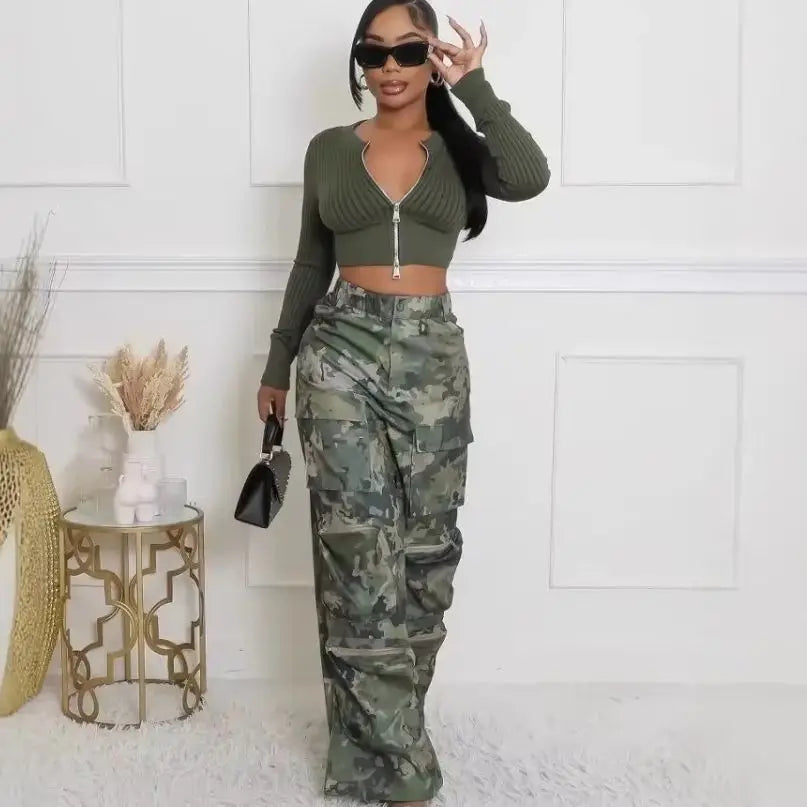 Camouflage High Waist Cargo Pocket Pants.
