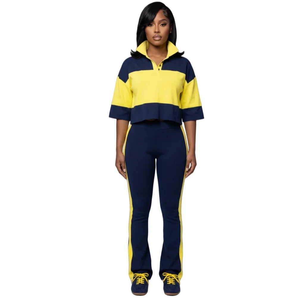 Color Block High Waist Flare Pants Set