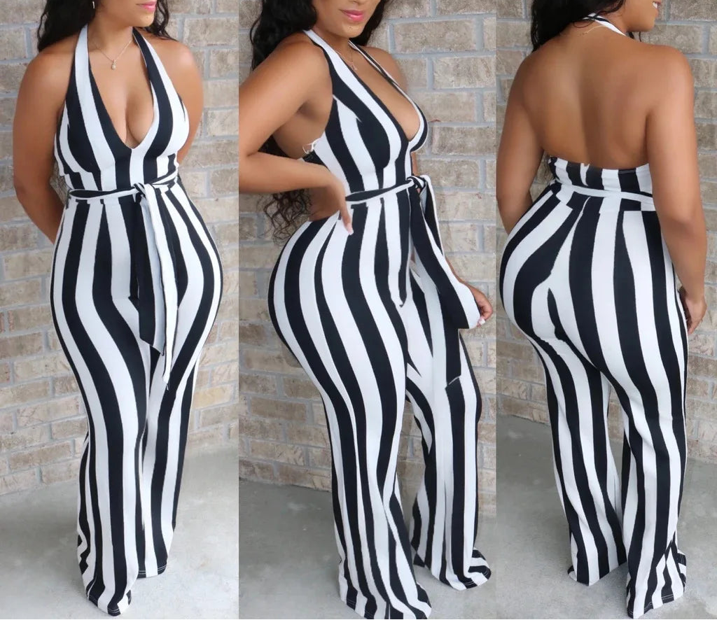 Striped Halter V-neck Jumpsuit