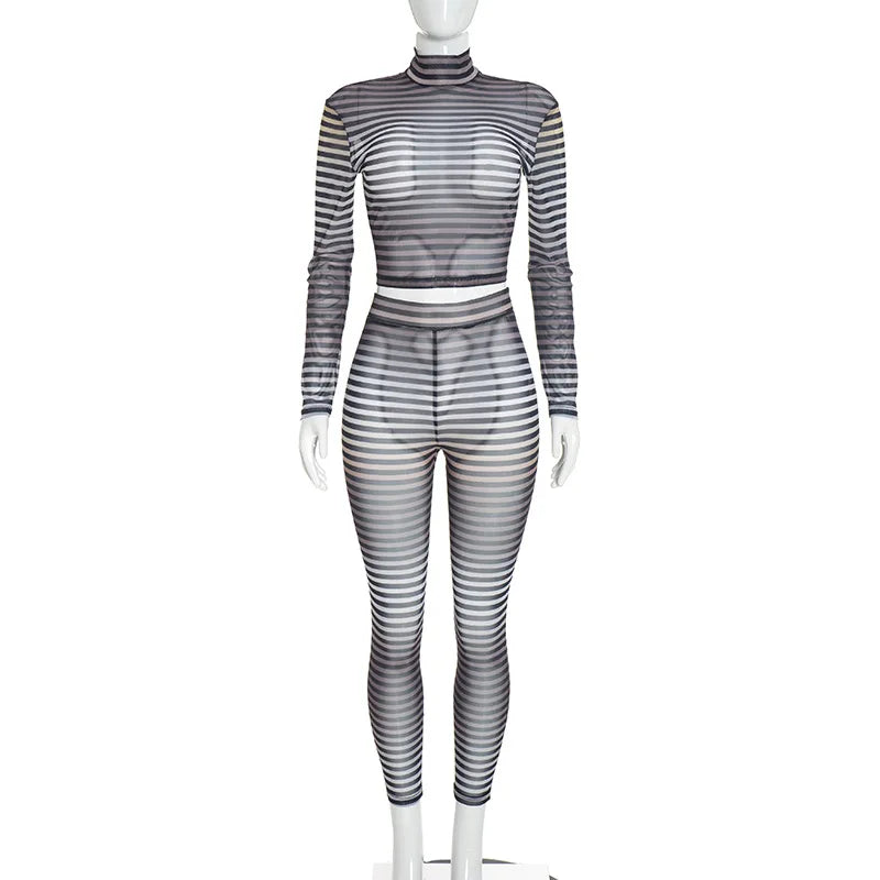 Striped Mesh See Through Bodycon Set
