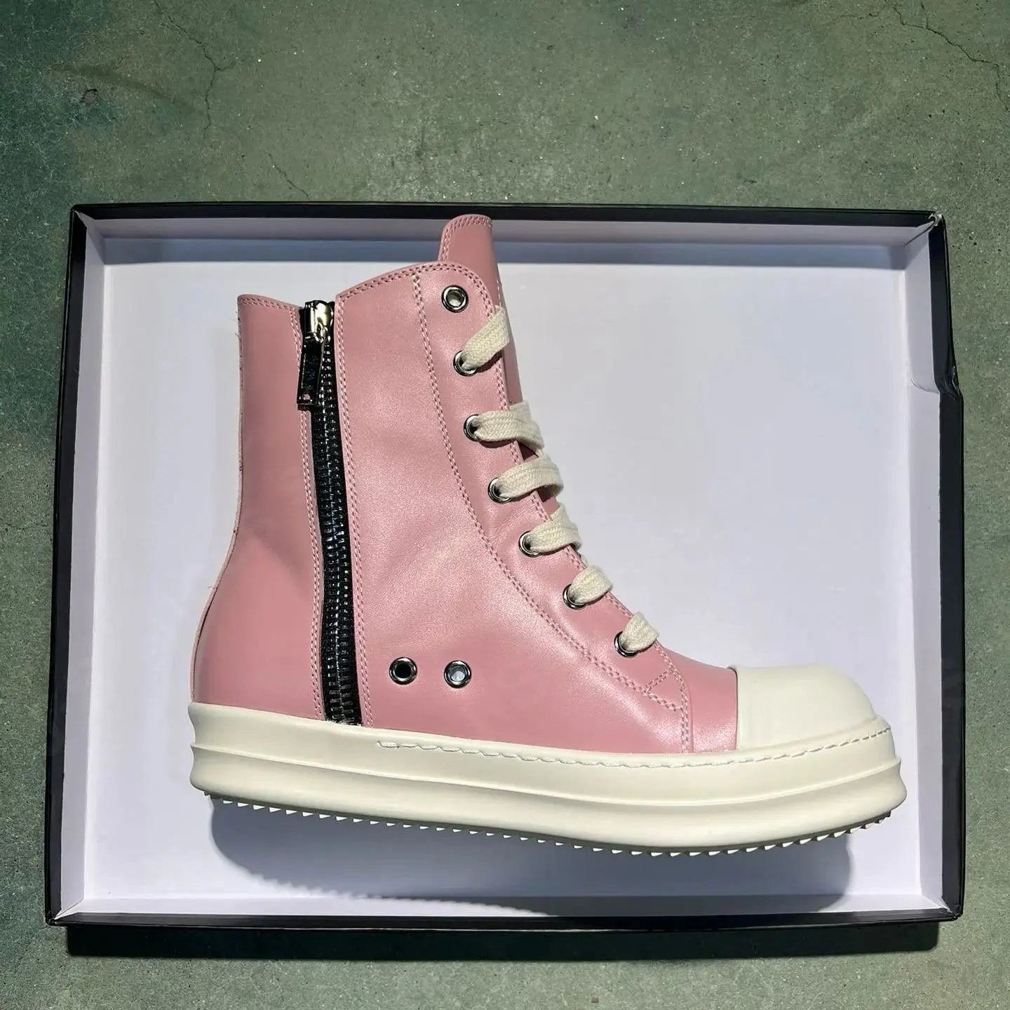 High Top Luxury Leather Lace Up Zip Sneaker.