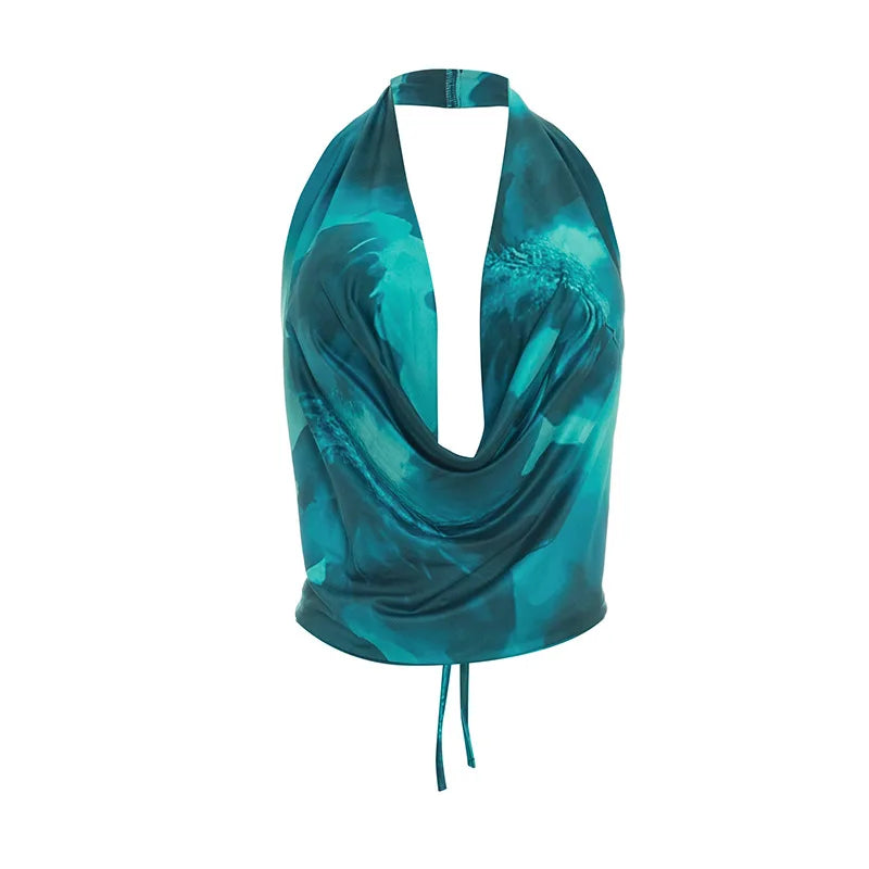 Print V-Neck Halter Two-Piece Set