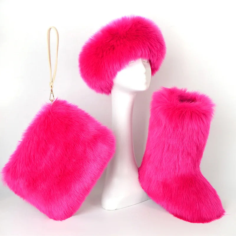 Fox Fur Snow Boots Headband and Handbag Set