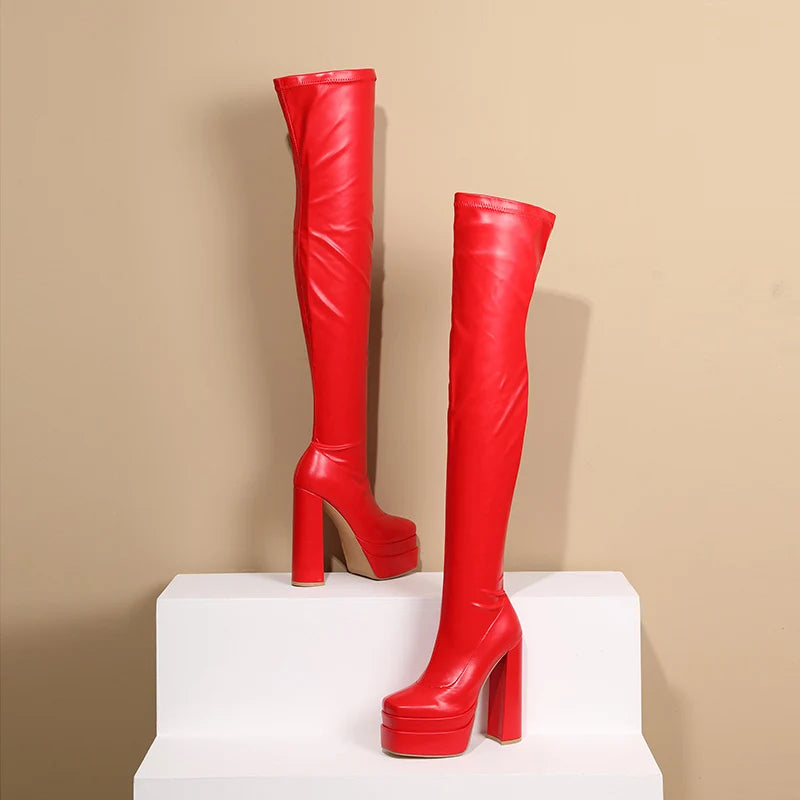 Square Toe Platform Over the Knee Heel Boots
