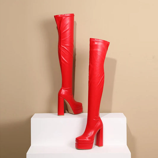 Square Toe Platform Over the Knee Heel Boots