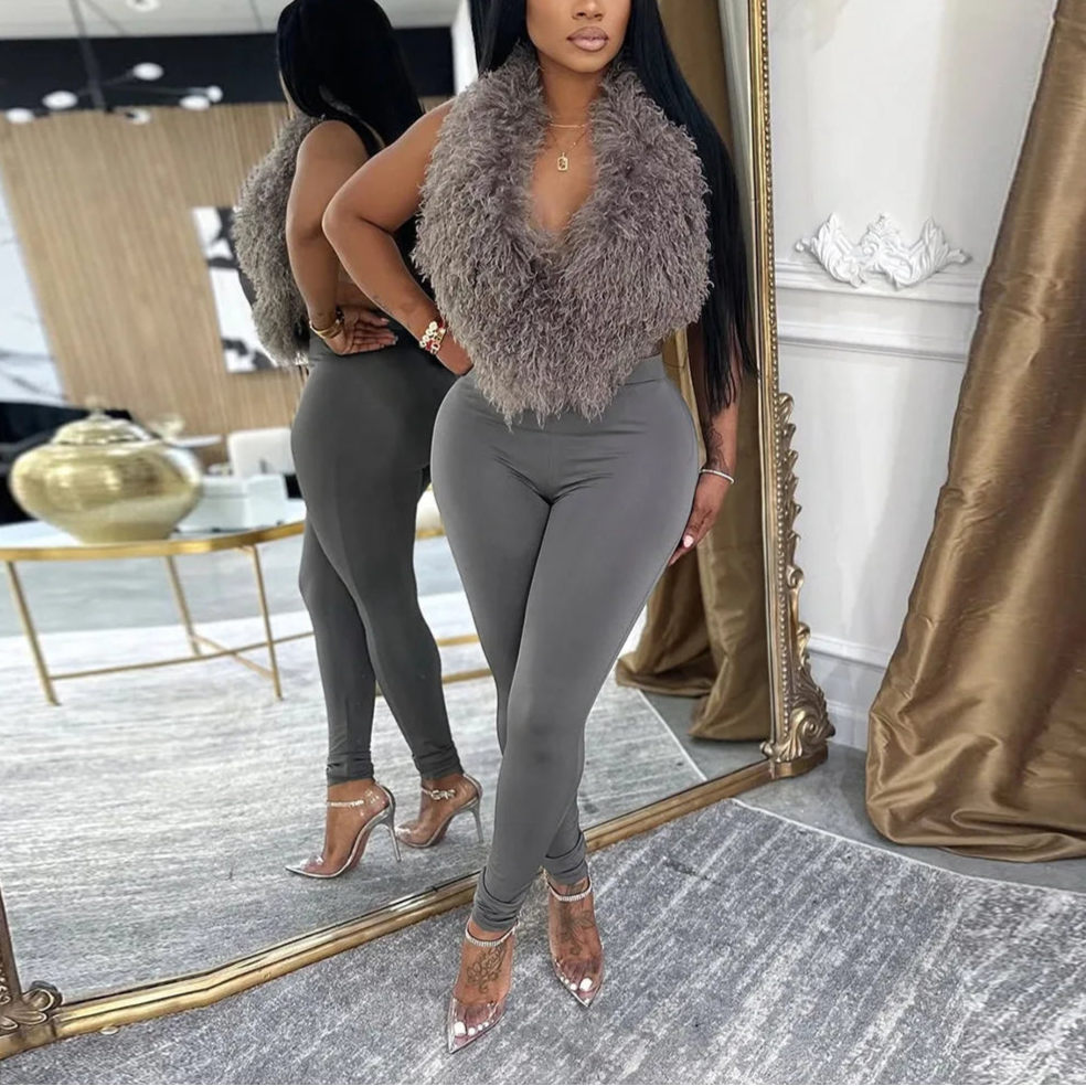 Furry Me Halter Backless Crop Top and Pants Set