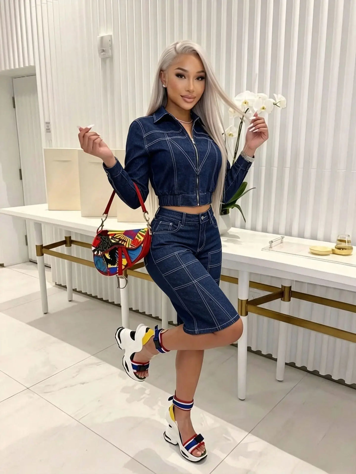 Dark Denim Shorts Set