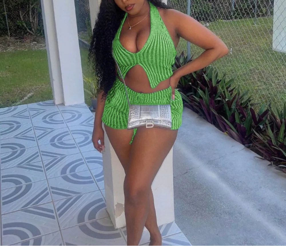 Ribbed Halter Backless Bodycon Short Set