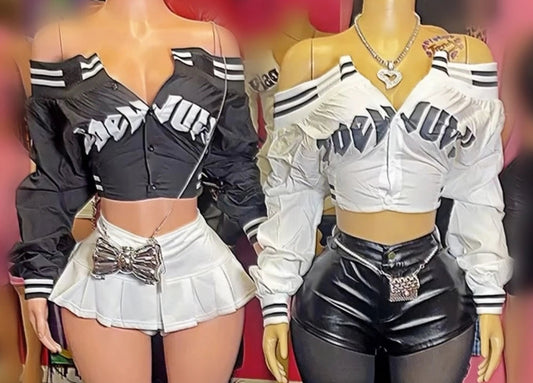 Mix It Up Off Shoulder Button Two-Piece Set