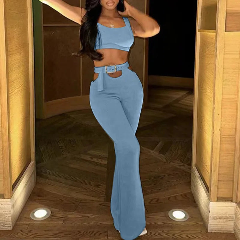 Kia Cutout Waist Belt Flare Pants Set