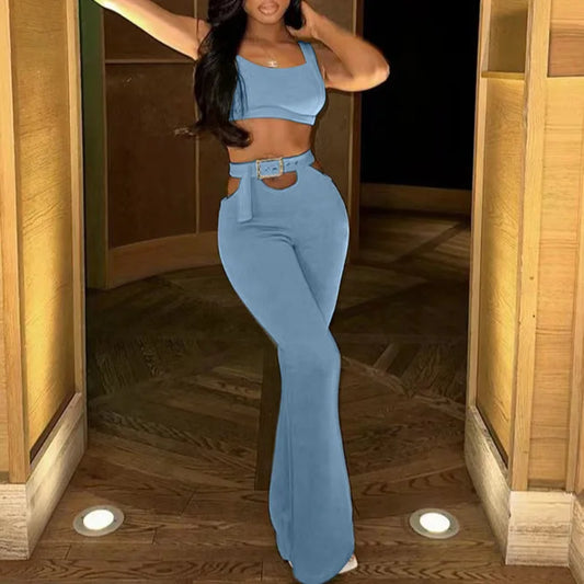 Kia Cutout Waist Belt Flare Pants Set