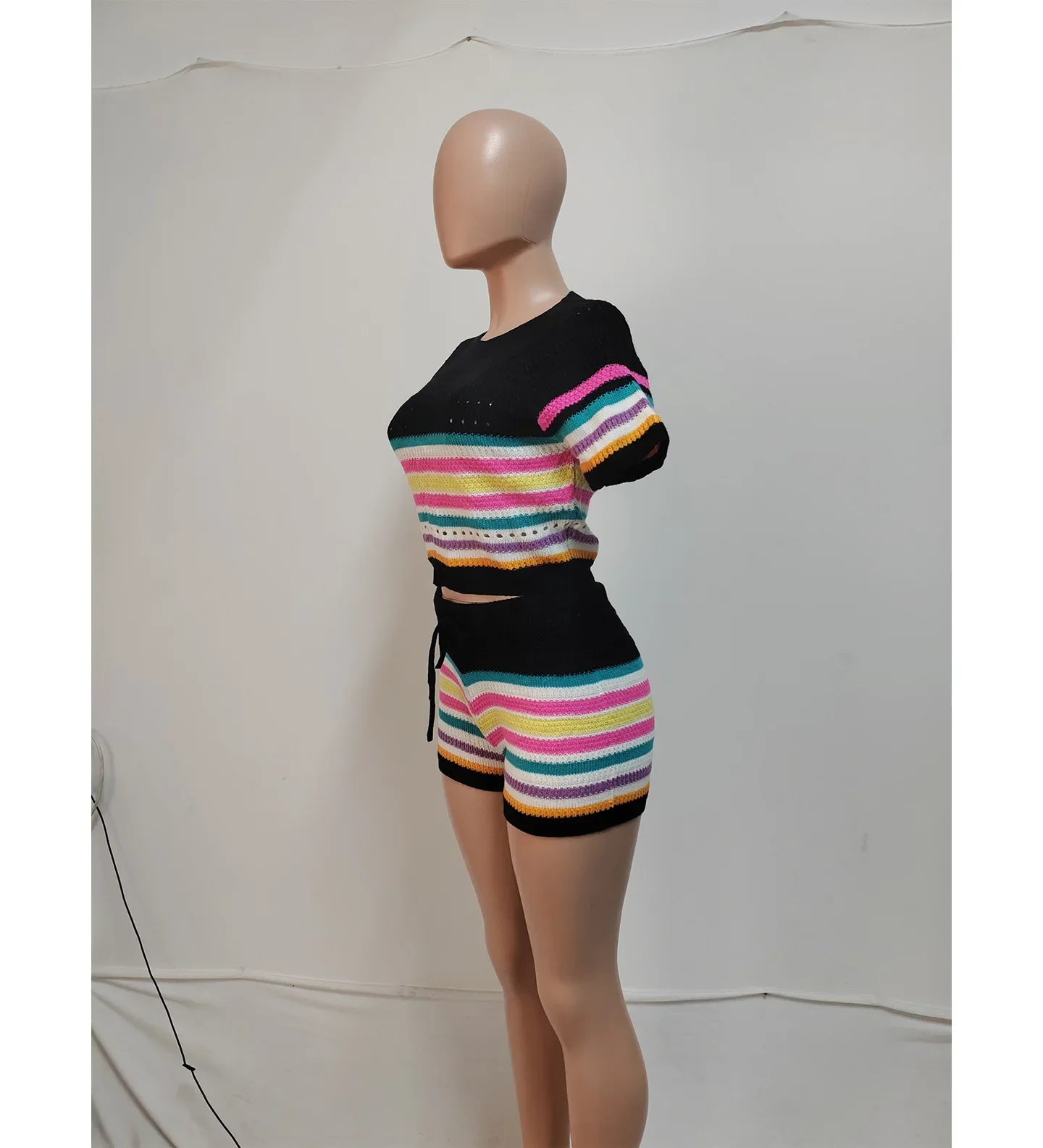 Cute Knit Striped Two-Piece Short Set
