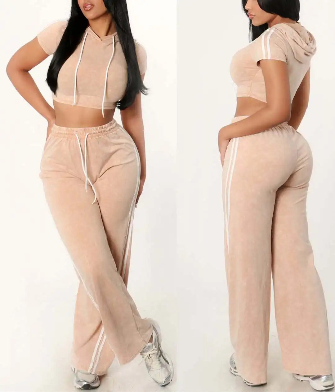 Cute and Comfy Two-Piece Stripe Crop Top and Pants Set.