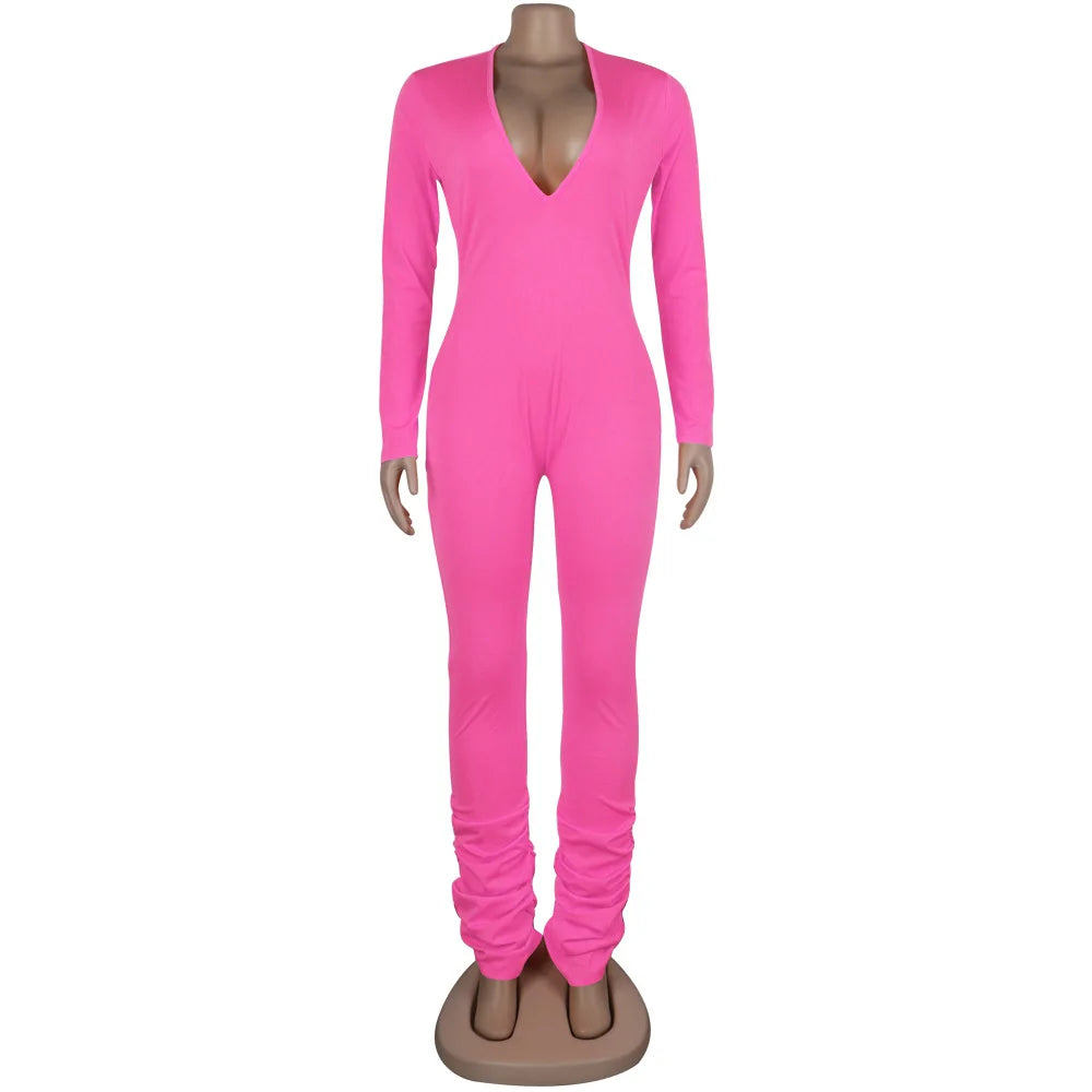 Deep V-Neck Bodycon Ruched Stacked Jumpsuit