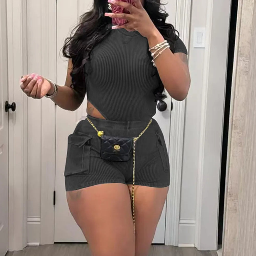 Stretchy Bodysuit Pockets Short Set
