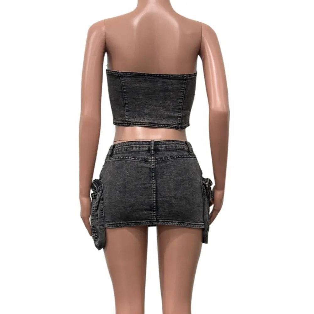 Denim Backless Crop and Matching Skirt Set