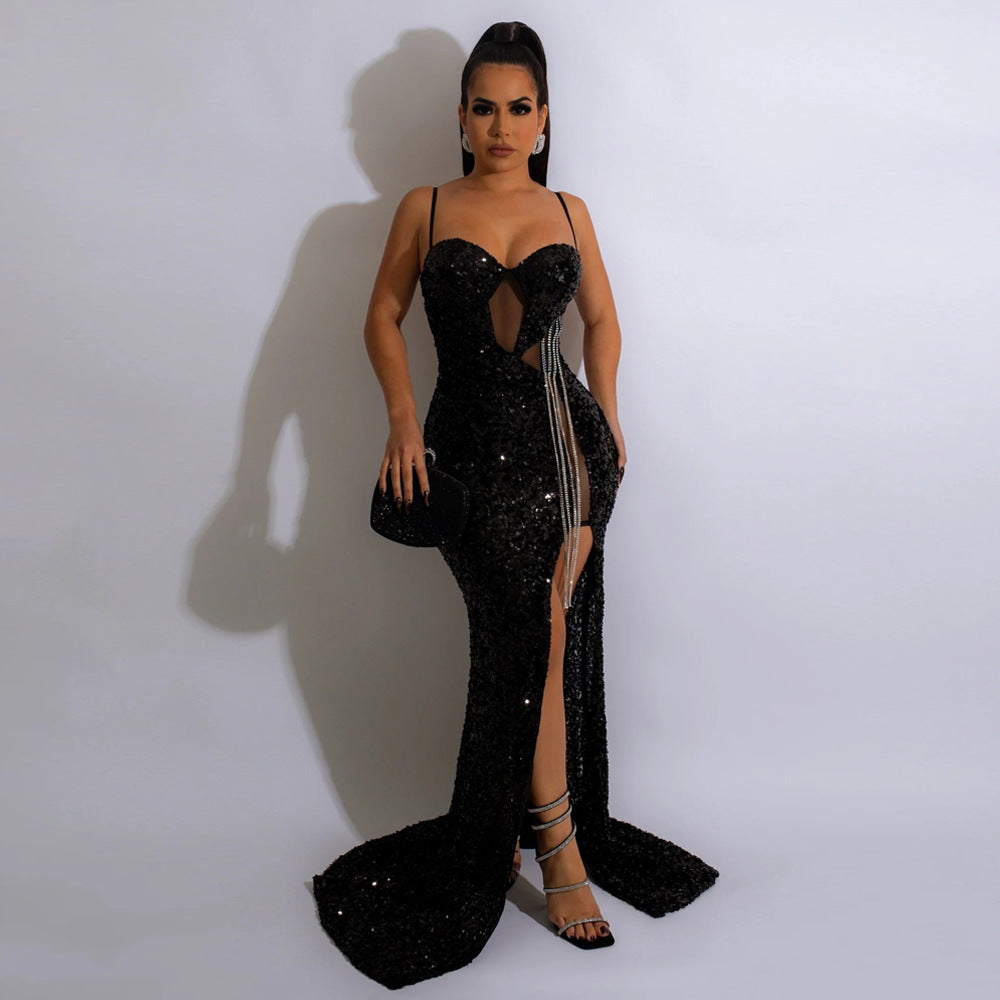 Sequined Tassel High Side Slit Maxi