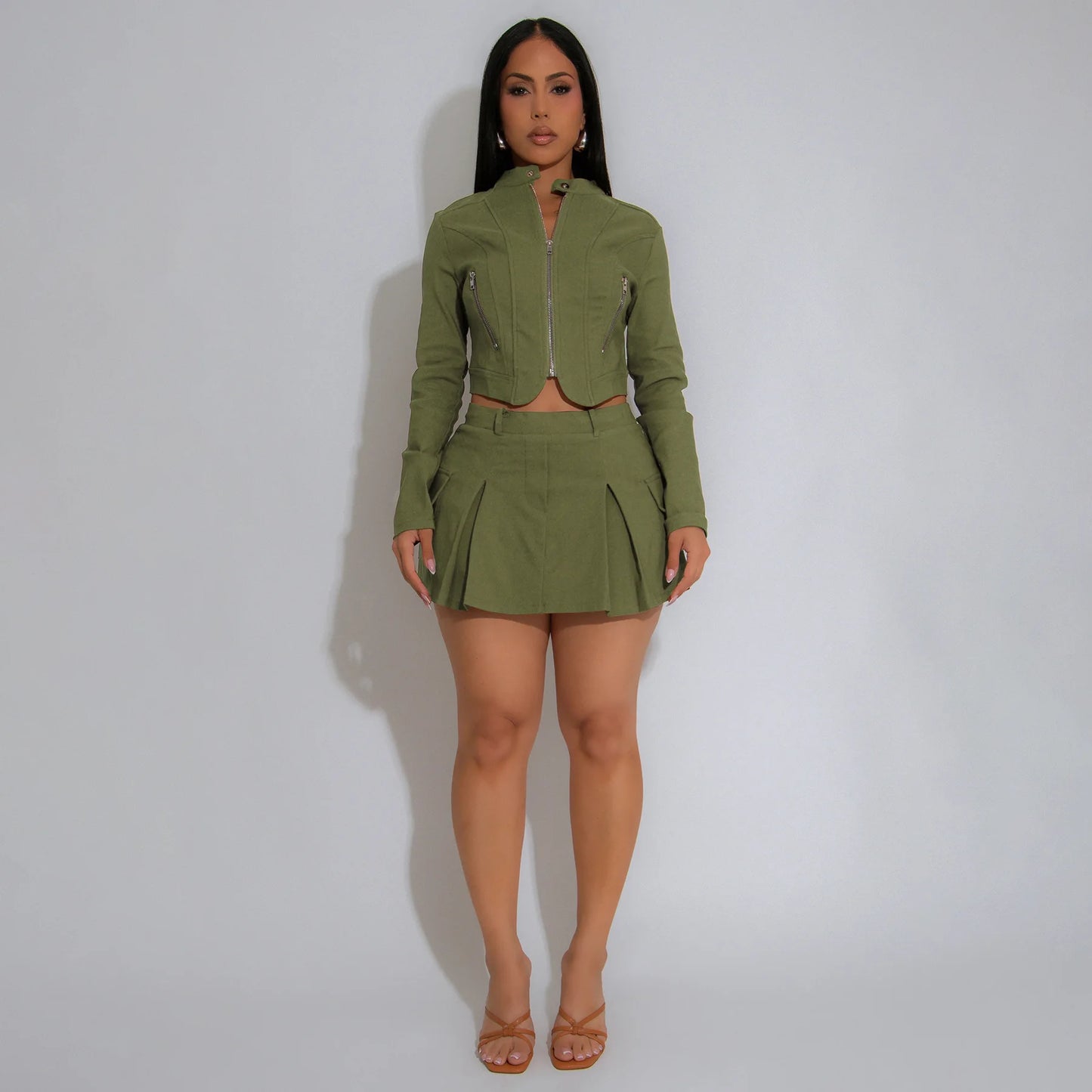 Casual Zipper Jacket Top + Pleated Skirt Set