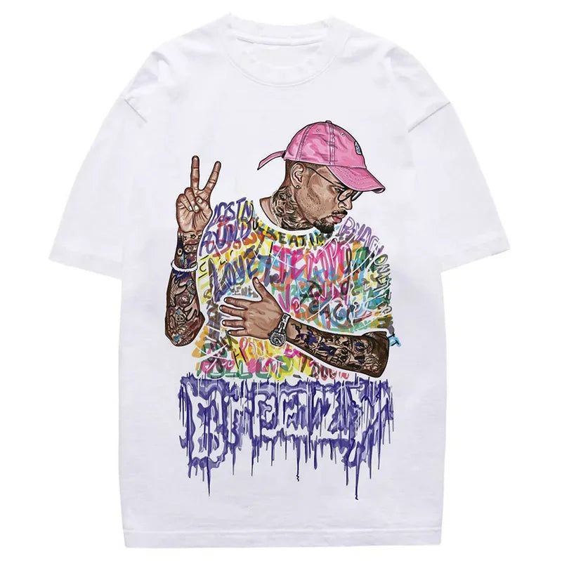 Avatar Print Loose Shirt and Drawstring Leather Shorts