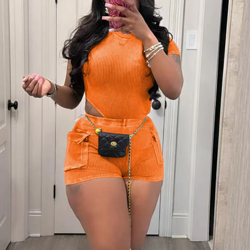 Stretchy Bodysuit Pockets Short Set