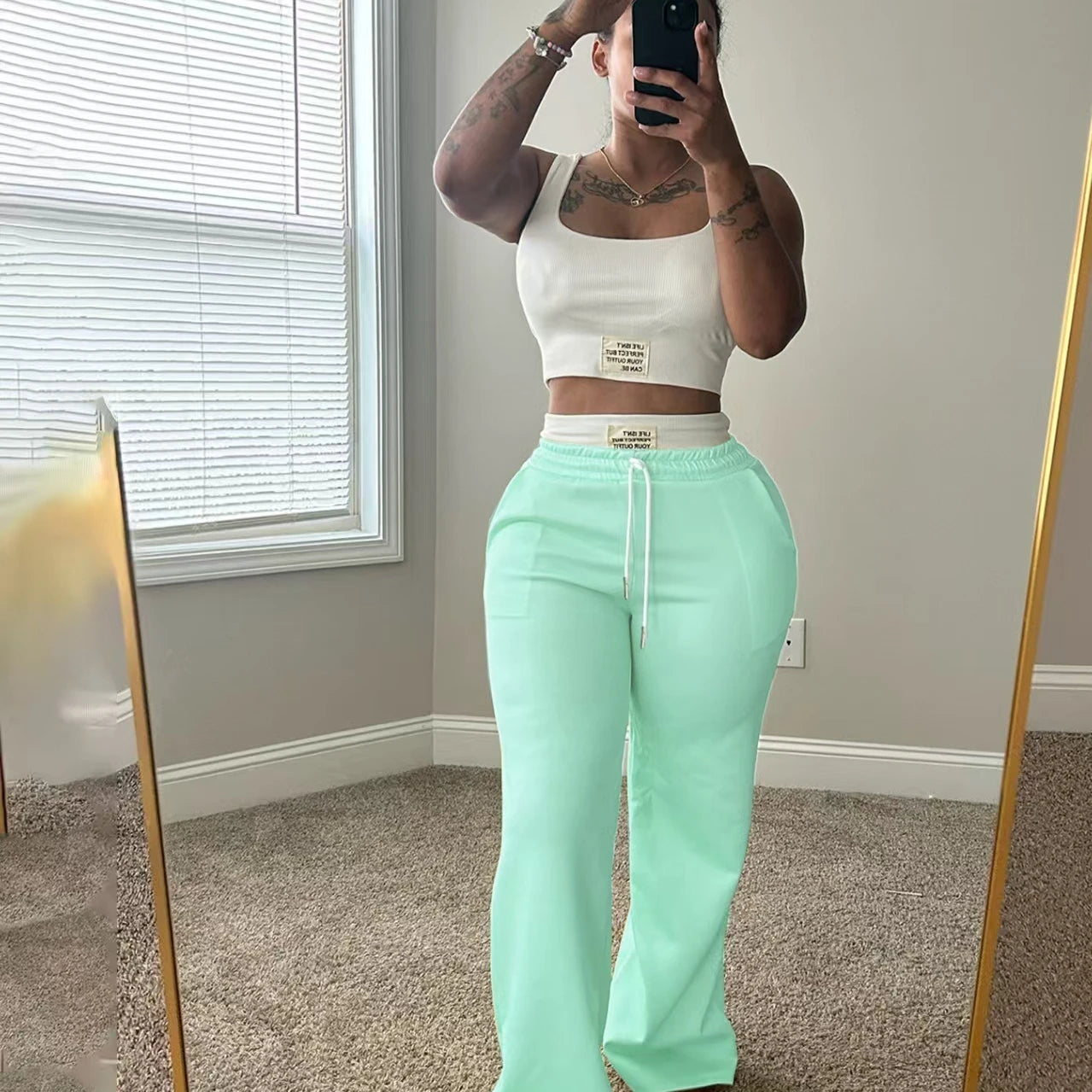 Solid Tank Top + Drawstring Pants Set.