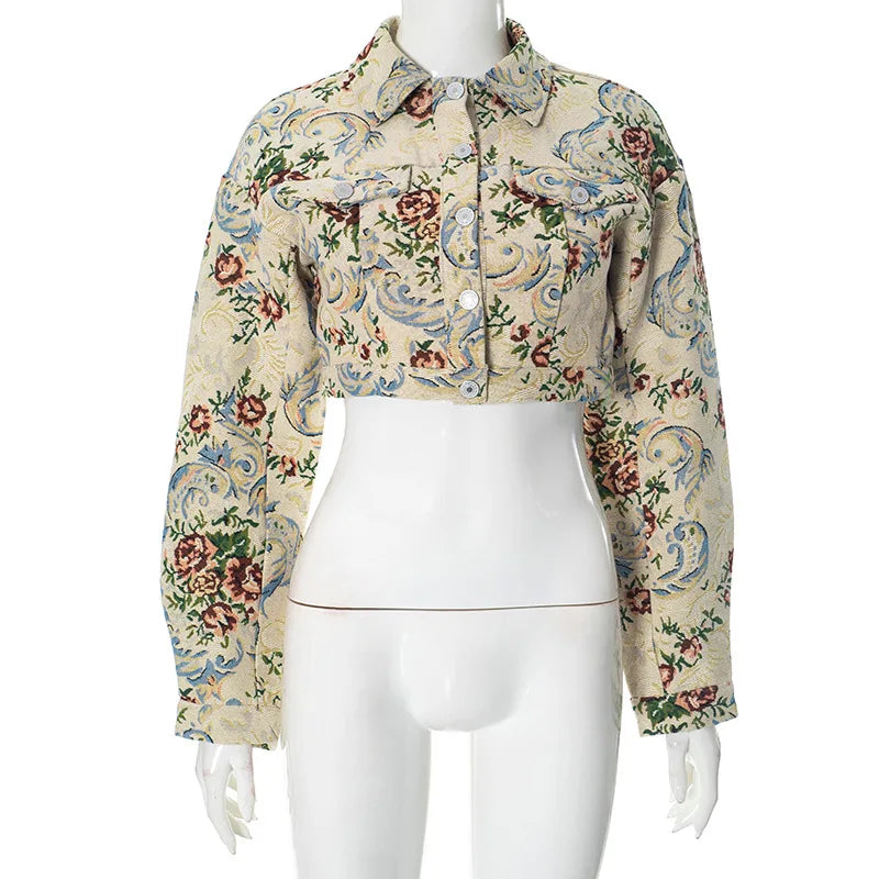 Vintage Floral Print Crop Jacket