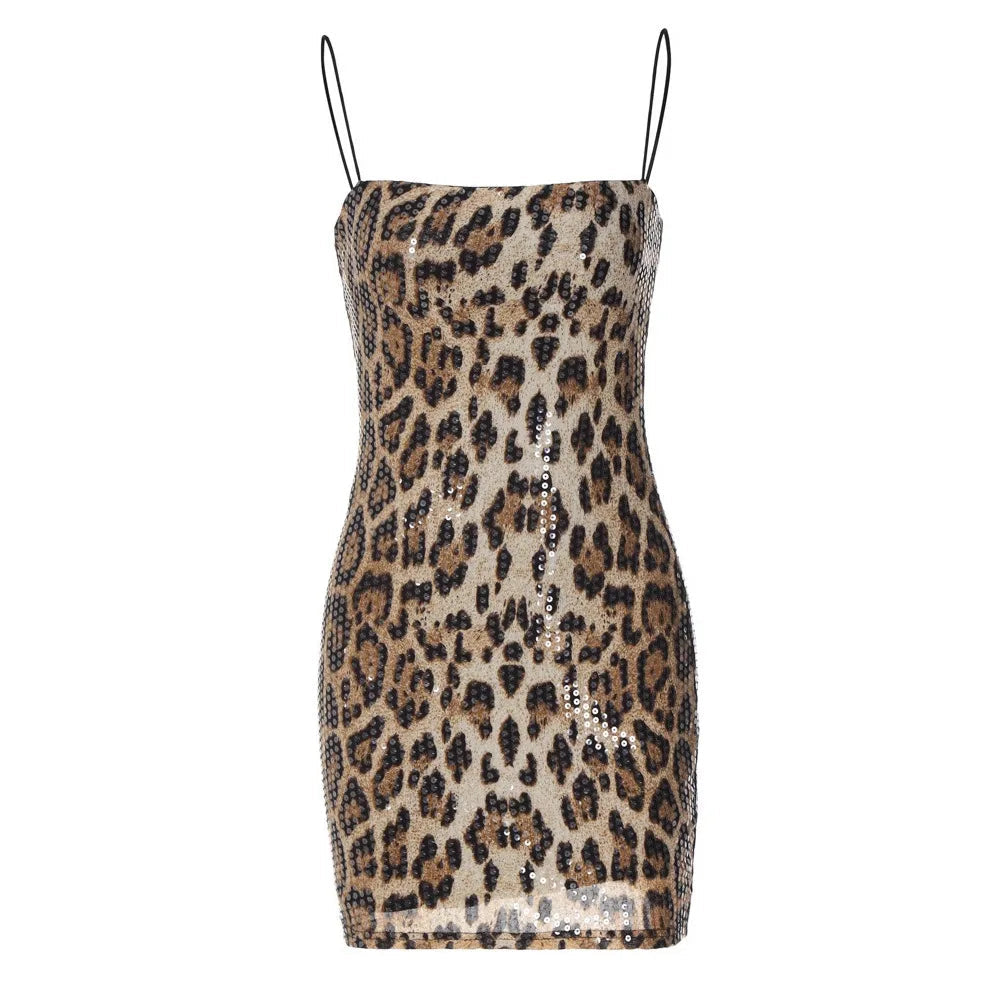 Sequin Leopard V-Neck Bodycon Mini Dress