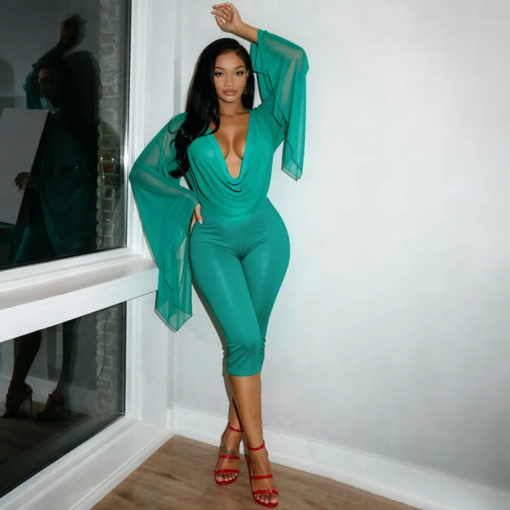 Mesh V-Neck Flare Sleeve Two-piece Set
