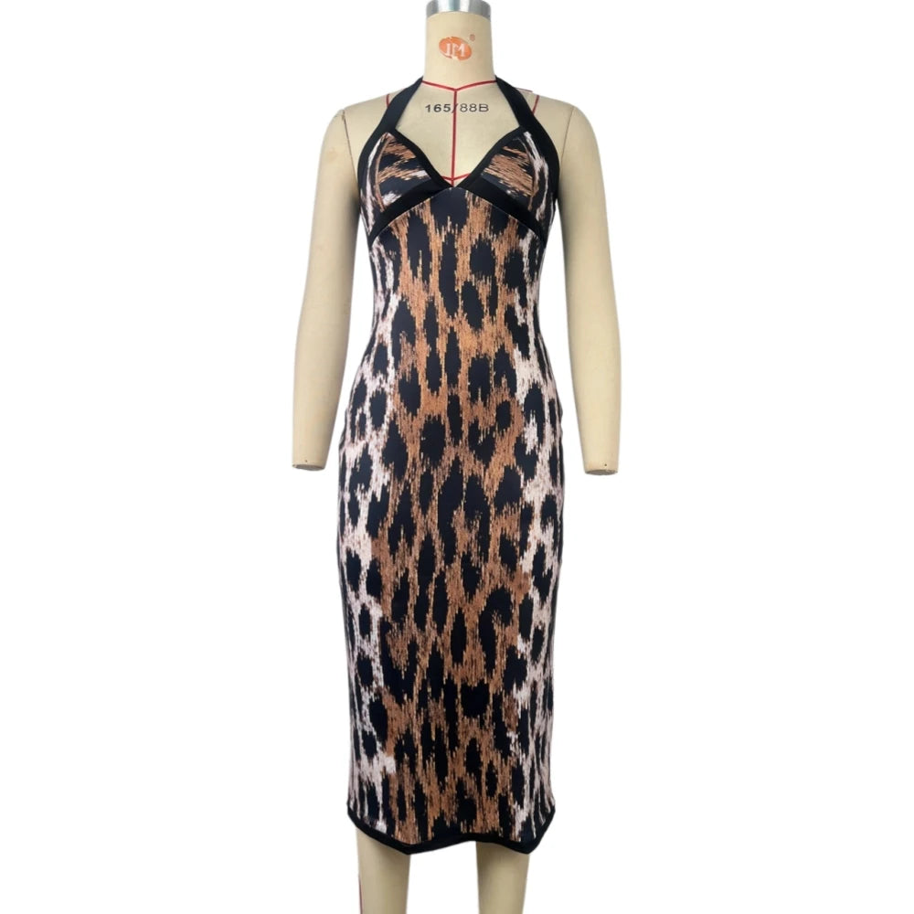 Leopard Print V-Neck Bodycon Midi Dress