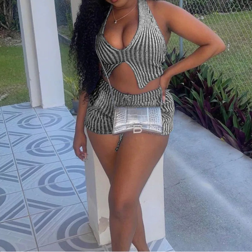 Ribbed Halter Backless Bodycon Short Set