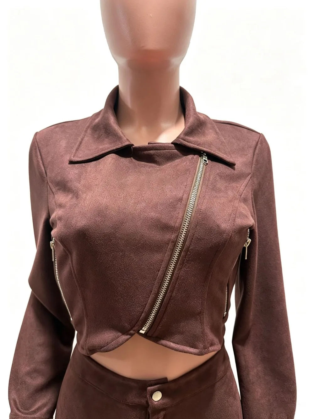 Suede Zip Crop Jacket and Capri Pants Set