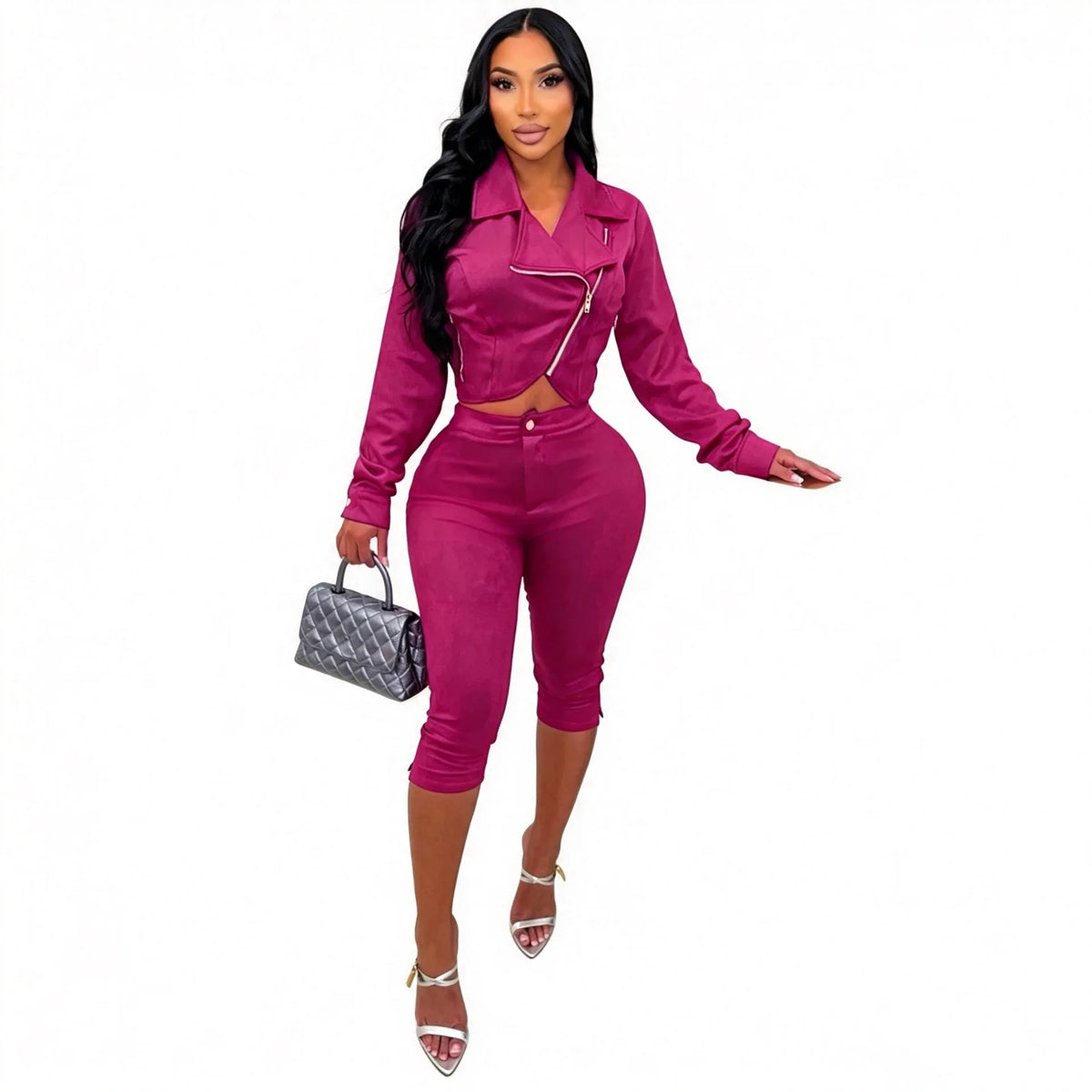 Suede Zip Crop Jacket and Capri Pants Set