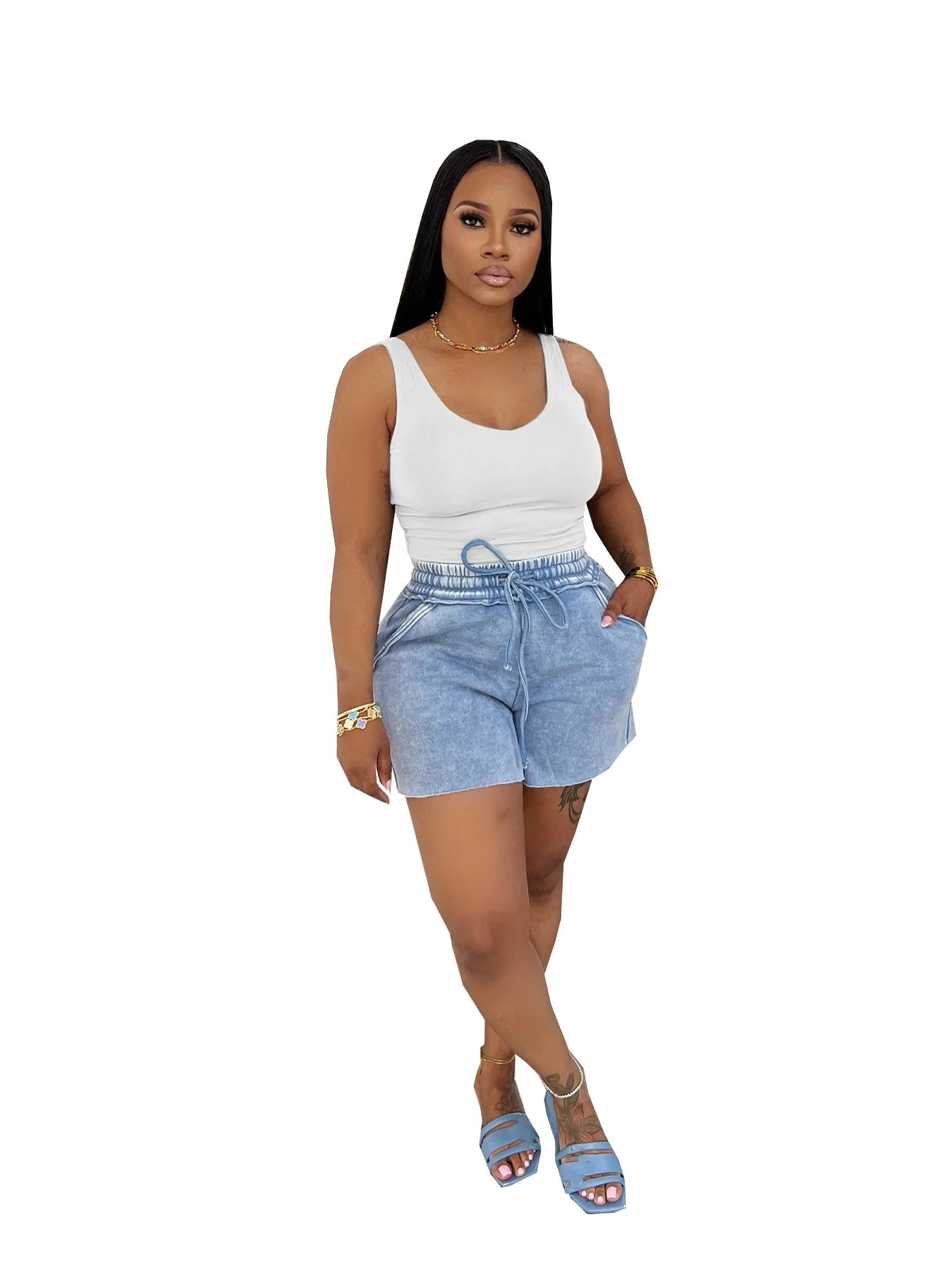 Distressed Mini Drawstring Loose Short Set.