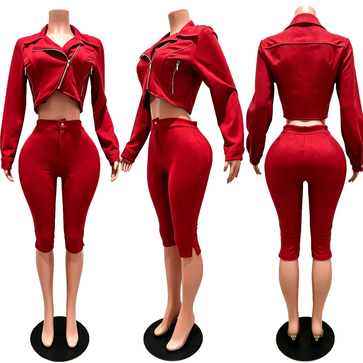 Suede Zip Crop Jacket and Capri Pants Set