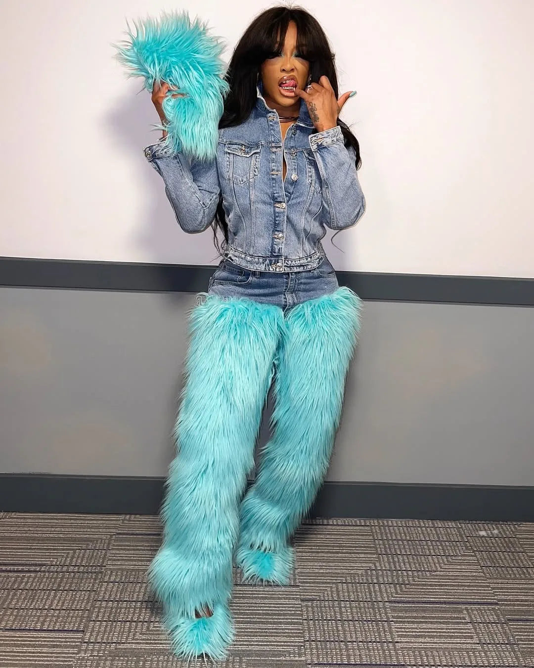 Denim Fur Bodycon High Waist Pants