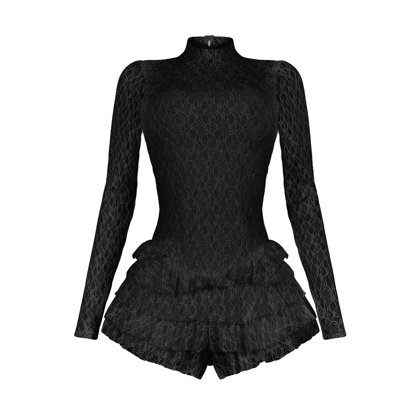 Lace Ruffles Backless Shorts Romper
