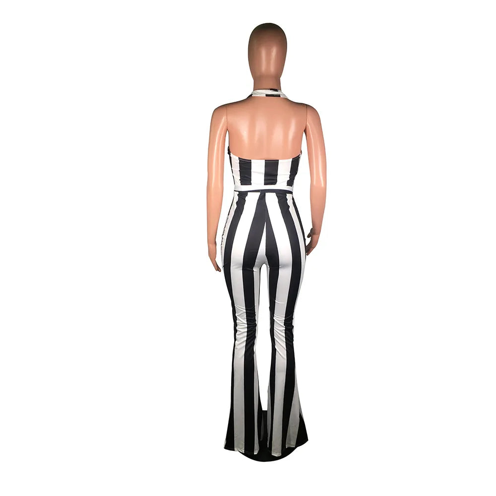 Striped Halter V-neck Jumpsuit