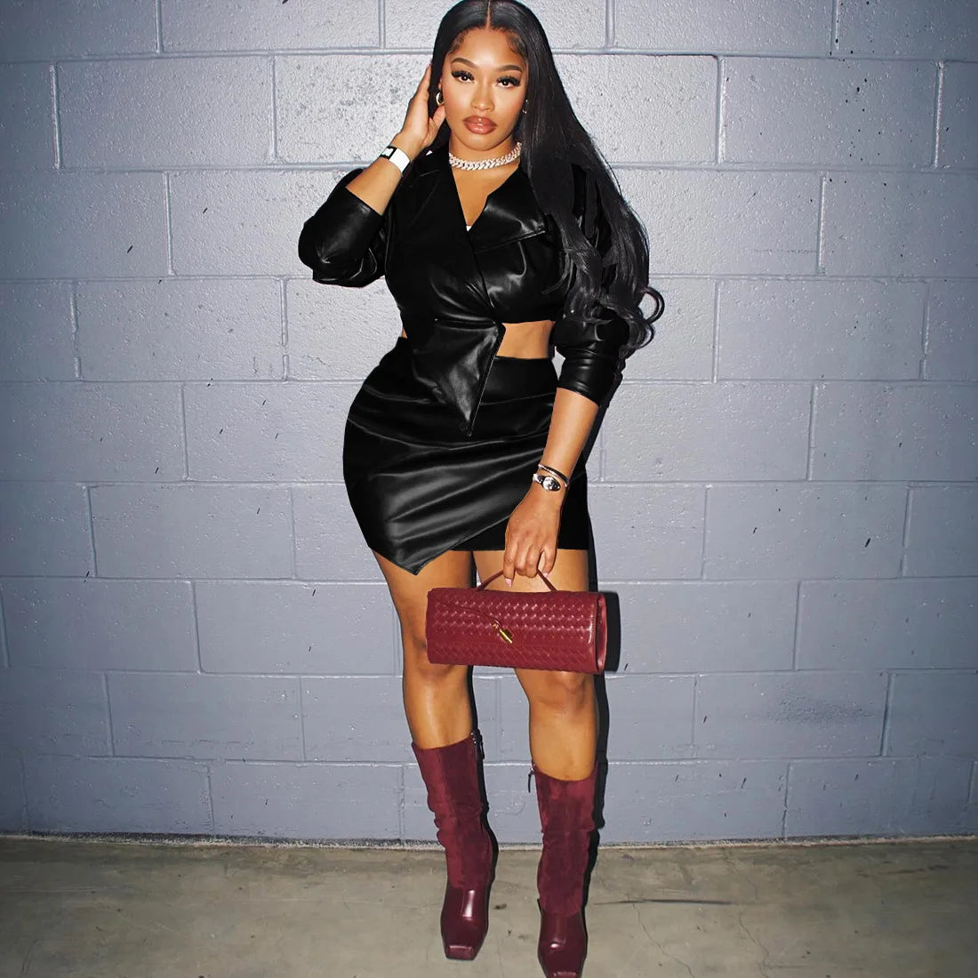 Solid Leather V Collar Bodycon Skirt Set