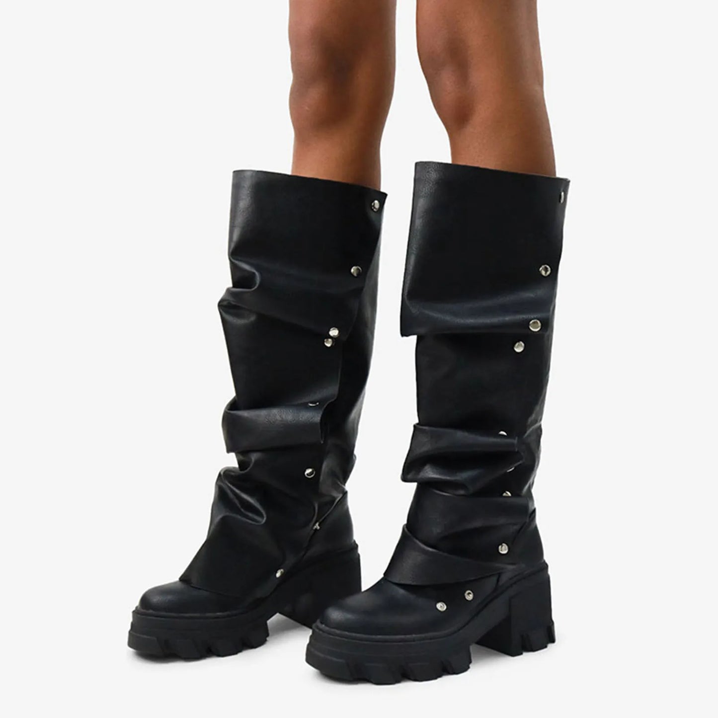 Chunky Metal button Knee high boots