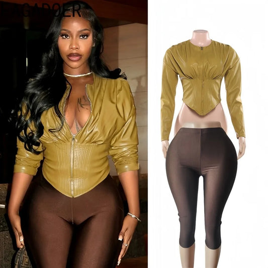 Sassy Color Leather Top and Pants Set