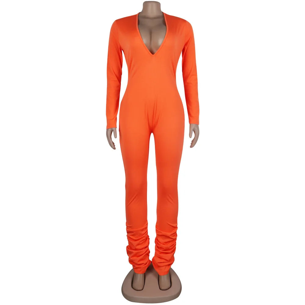Deep V-Neck Bodycon Ruched Stacked Jumpsuit