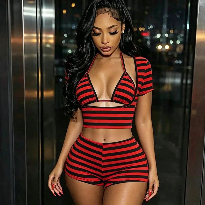 Striped 3 Pc Short Set