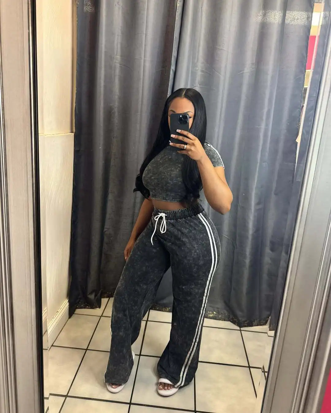 Cute and Comfy Two-Piece Stripe Crop Top and Pants Set.